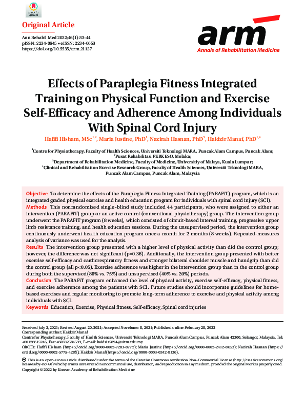 (PDF) Effects of Paraplegia Fitness Integrated Training on Physical ...