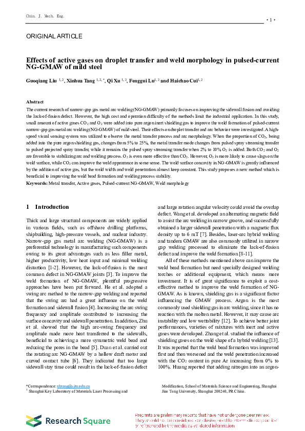 (PDF) Effects of active gases on droplet transfer and weld morphology ...