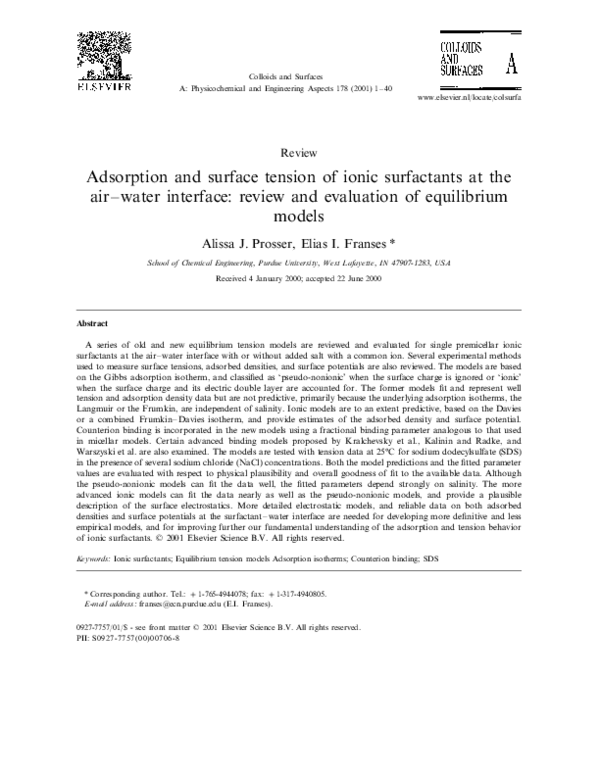 (PDF) Adsorption and surface tension of ionic surfactants at the air ...