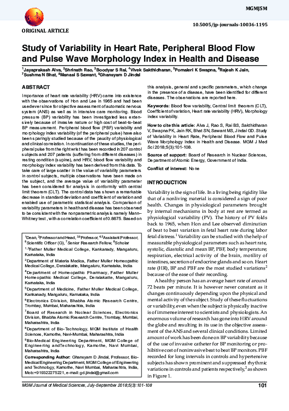 (PDF) Study of Variability in Heart Rate, Peripheral Blood Flow and ...