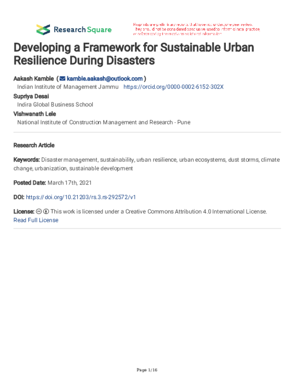(PDF) Developing a Framework for Sustainable Urban Resilience During ...