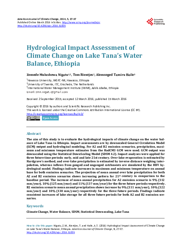 (PDF) Hydrological Impact Assessment of Climate Change on Lake Tana’s ...