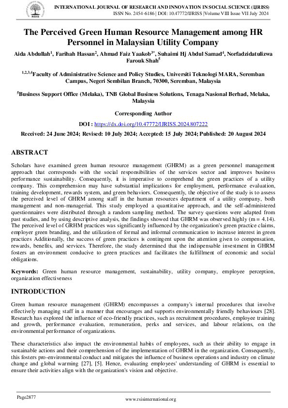 (PDF) The Perceived Green Human Resource Management among HR Personnel ...