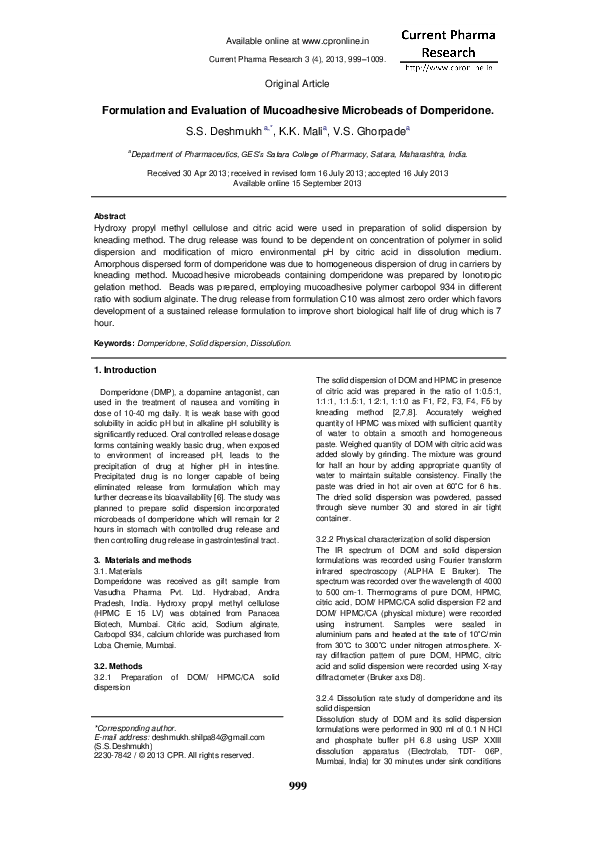 (PDF) Formulation and Evaluation of Mucoadhesive Microbeads of Domperidone
