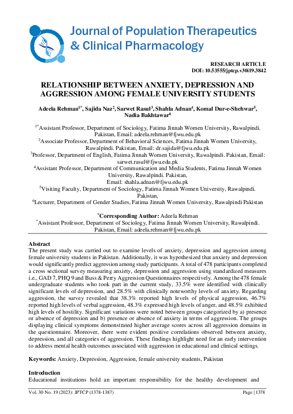 (PDF) RELATIONSHIP BETWEEN ANXIETY, DEPRESSION AND AGGRESSION AMONG ...