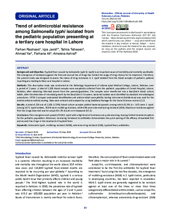 (PDF) Trend of Antimicrobial Resistance Among Salmonella Typhi Isolated ...