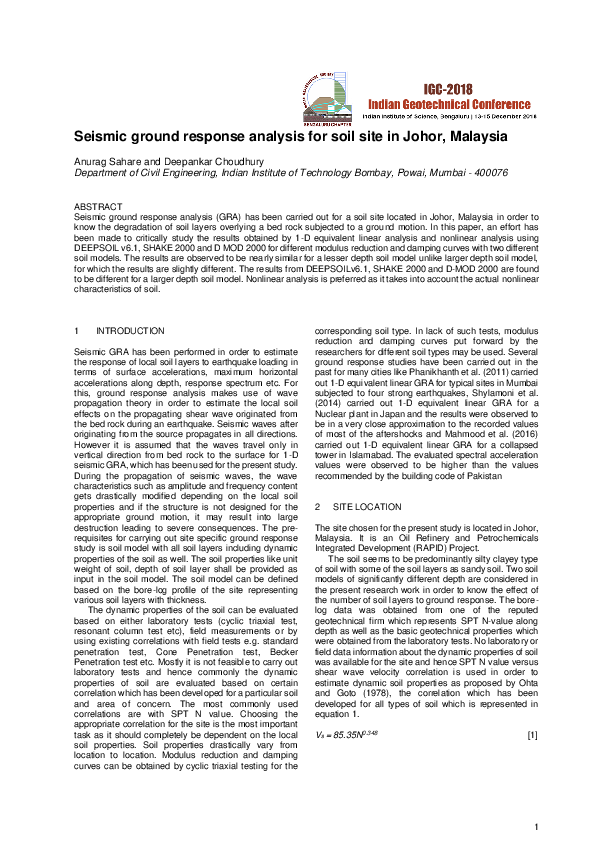 (PDF) Seismic Ground Response Analysis for Soil Site in Johor, Malaysia
