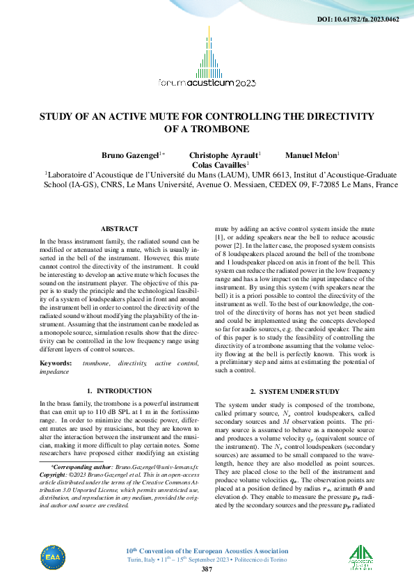 (PDF) Study of an active mute for controlling the directivity of a trombone