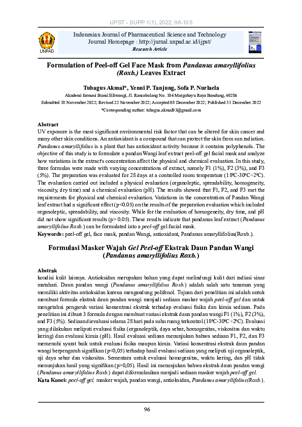 (PDF) Formulation of Peel-off Gel Face Mask from Pandanus ...