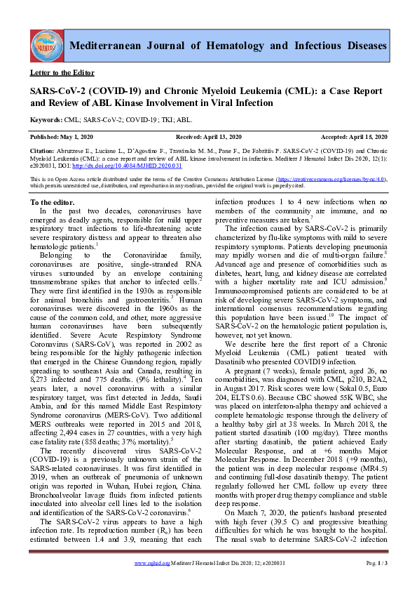 (PDF) SARS-CoV-2 (COVID-19) and Chronic Myeloid Leukemia (CML): a case ...