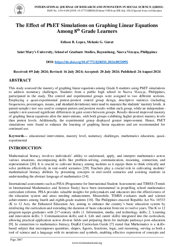 (PDF) The Effect of PhET Simulations on Graphing Linear Equations Among ...