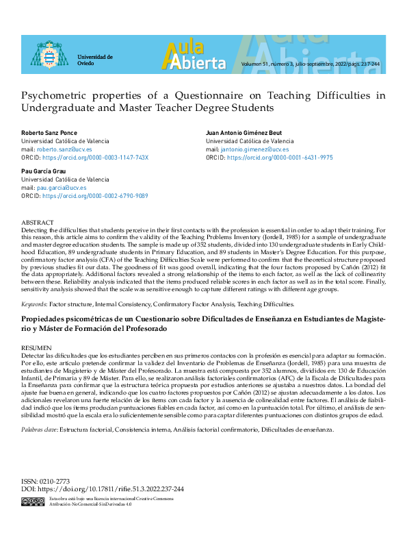 (PDF) Psychometric properties of a Questionnaire on Teaching ...