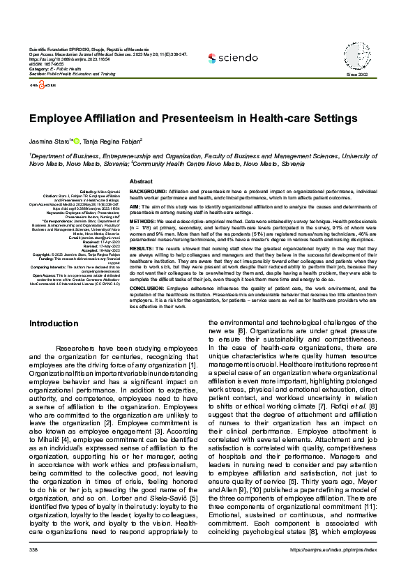 (PDF) Employee Affiliation and Presenteeism in Health-care Settings