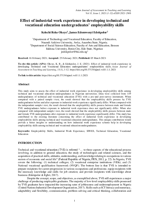 (PDF) Effect of industrial work experience in developing Technical and ...