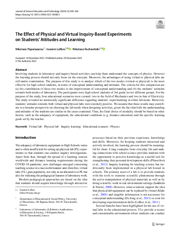 (PDF) The Effect of Physical and Virtual Inquiry-Based Experiments on ...
