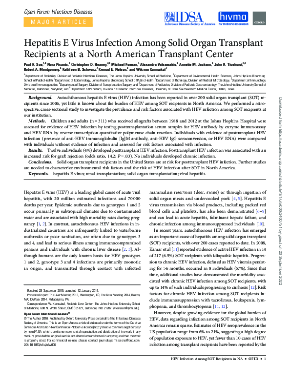 (PDF) Hepatitis E Virus Infection Among Solid Organ Transplant ...