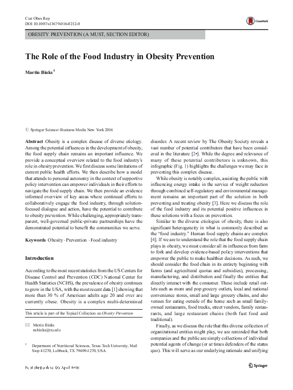 (PDF) The Role of the Food Industry in Obesity Prevention
