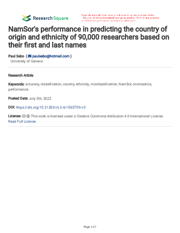 (PDF) Performance of NamSor to estimate the country of origin and ...