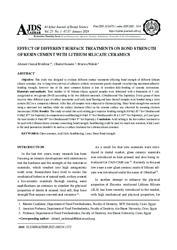 (PDF) Effect of Different Surface Treatments on Bond Strength of Resin ...