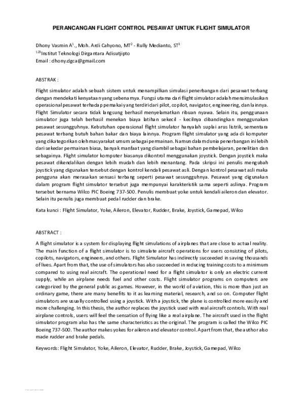 (PDF) PERANCANGAN FLIGHT CONTROL PESAWAT UNTUK FLIGHT SIMULATOR