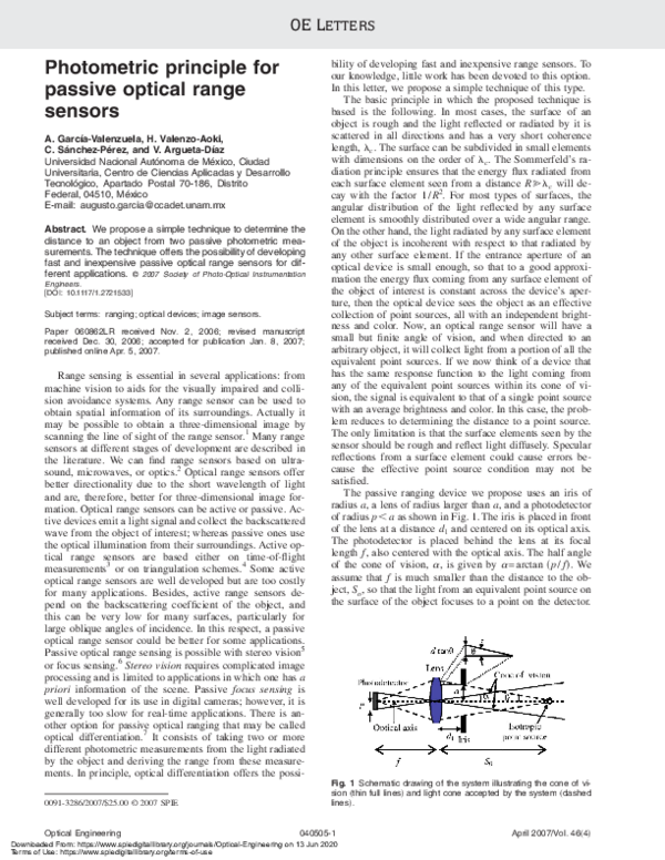 (PDF) Photometric principle for passive optical range sensors