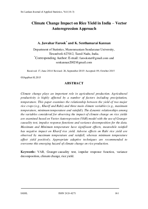 (PDF) Climate Change Impact on Rice Yield in India – Vector ...