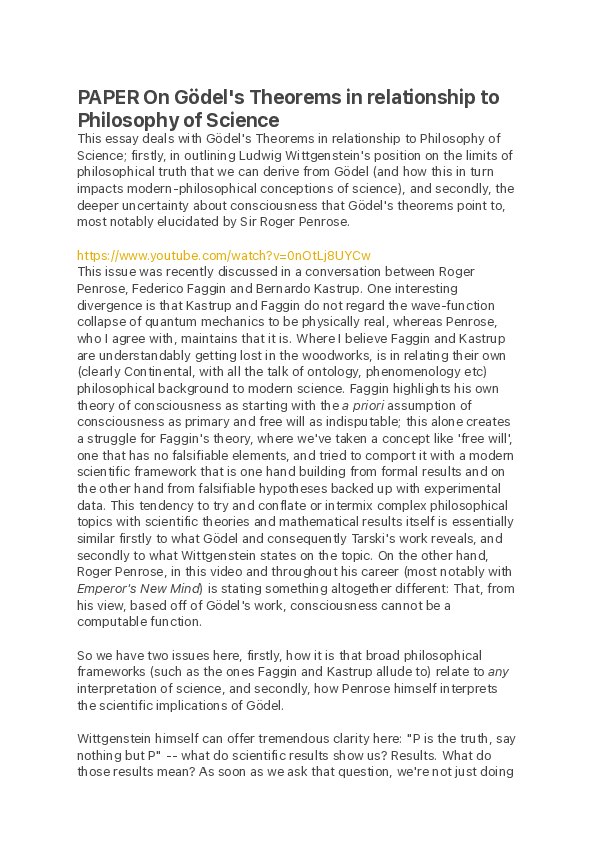 (PDF) PAPER On Gödel's Theorems in relationship to Philosophy of Science