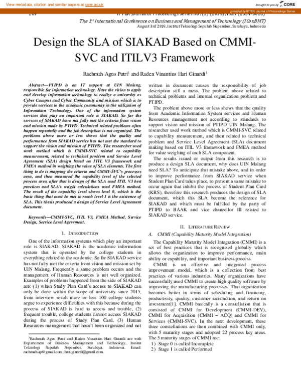 (PDF) Design the SLA of SIAKAD Based on CMMI-SVC and ITILV3 Framework