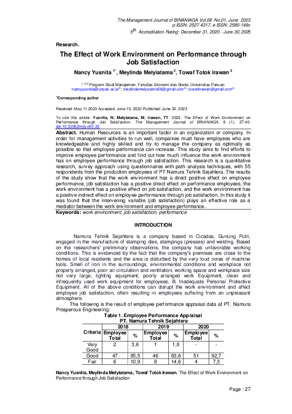 (PDF) The Effect of Work Environment on Performance Through Job ...