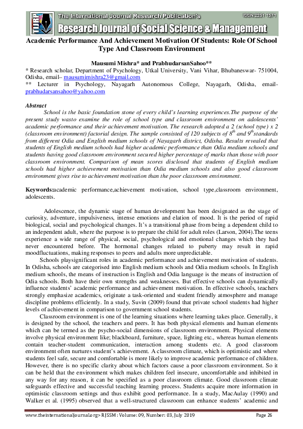 (PDF) Academic performance and achievement motivation of students: Role ...