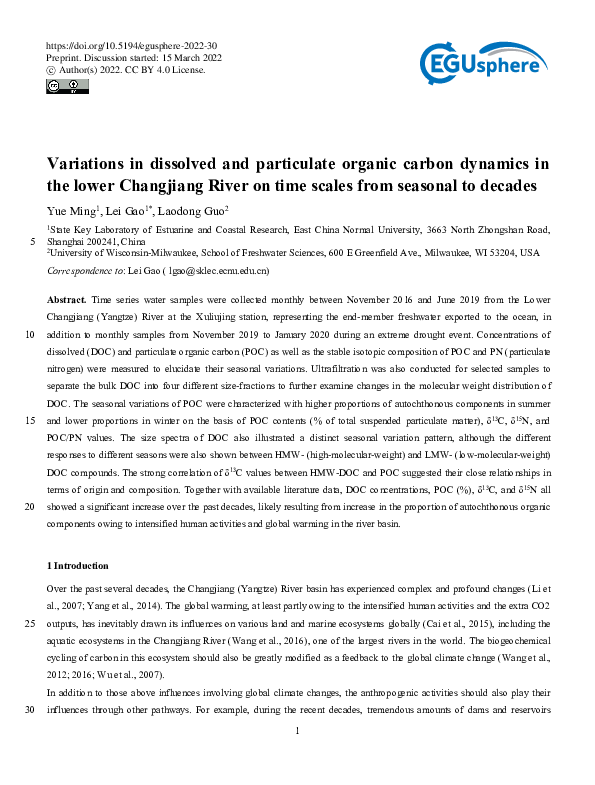 (PDF) Variations in dissolved and particulate organic carbon dynamics ...