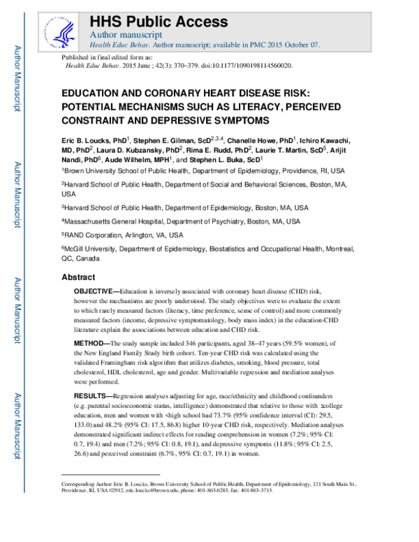 (PDF) Education and Coronary Heart Disease Risk