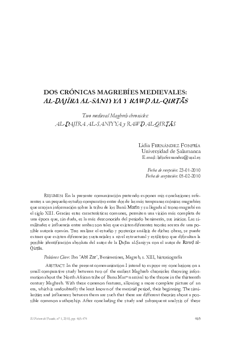 (PDF) Dos Crónicas Magrebíes Medievales: Al-Ḏajira Al-Saniyya y el Rawd ...