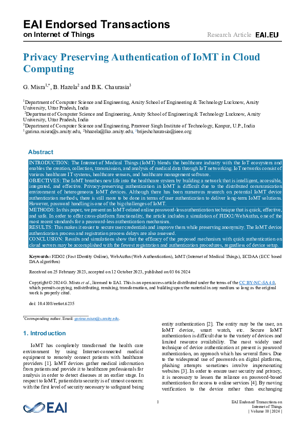 (PDF) Privacy Preserving Authentication of IoMT in Cloud Computing