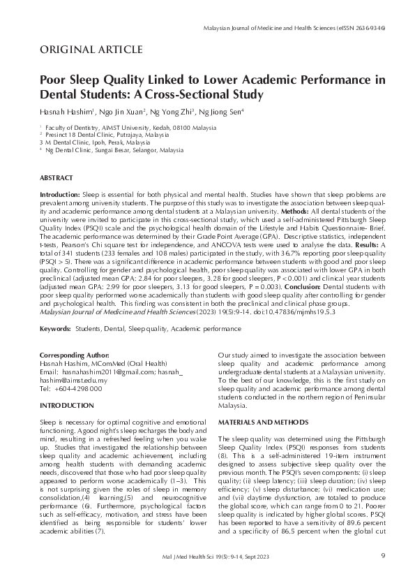 (PDF) Poor Sleep Quality Linked to Lower Academic Performance in Dental ...