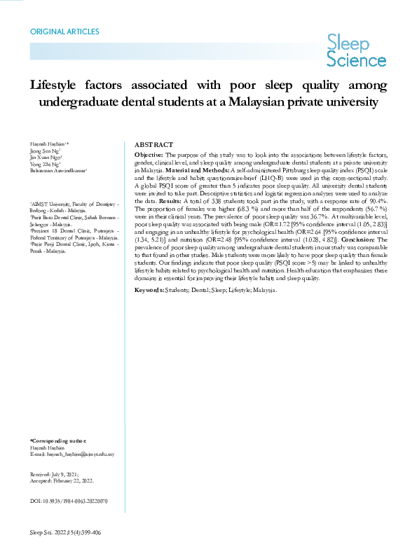 (PDF) Lifestyle factors associated with poor sleep quality among ...