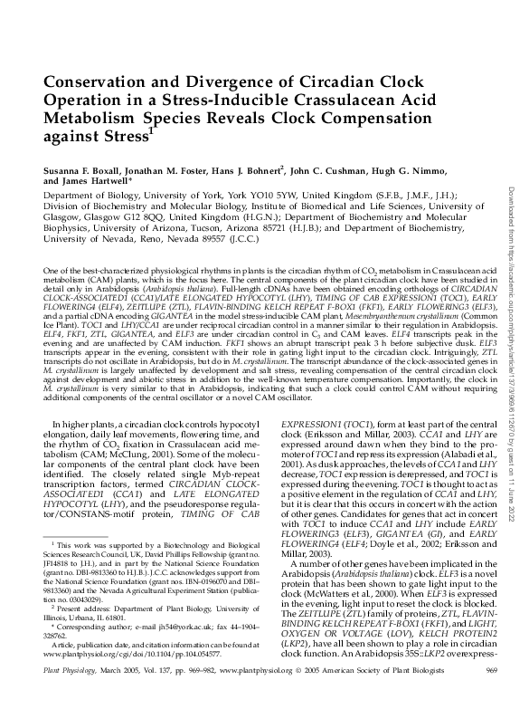 (PDF) Conservation and Divergence of Circadian Clock Operation in a ...