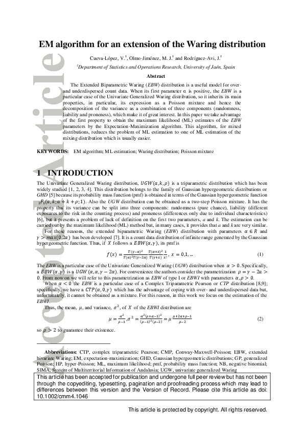 (PDF) EM algorithm for an extension of the Waring distribution