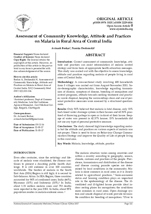 (PDF) Attitude and Practices on Malaria in Rural Area of Central India