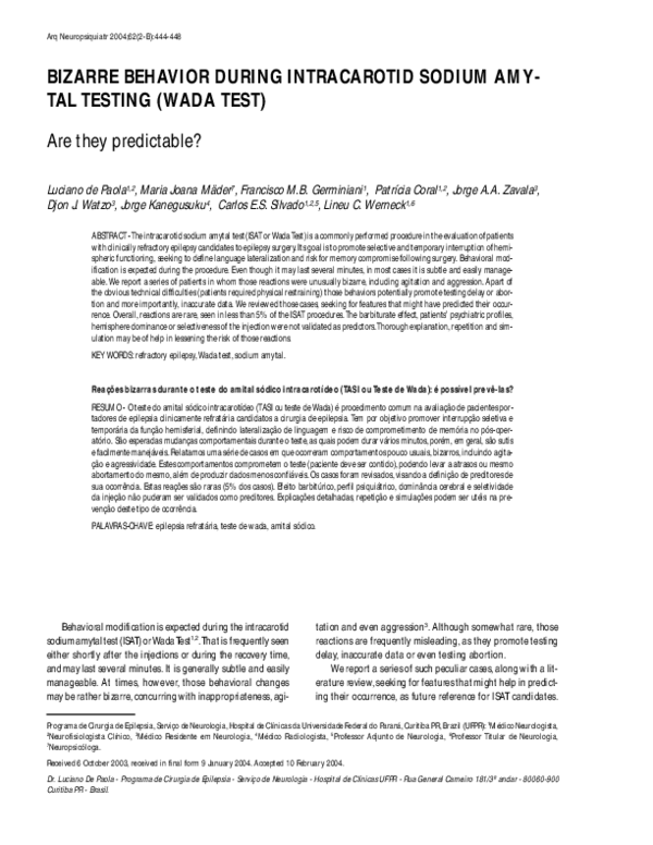 (PDF) Bizarre behavior during intracarotid sodium amytal testing (Wada ...