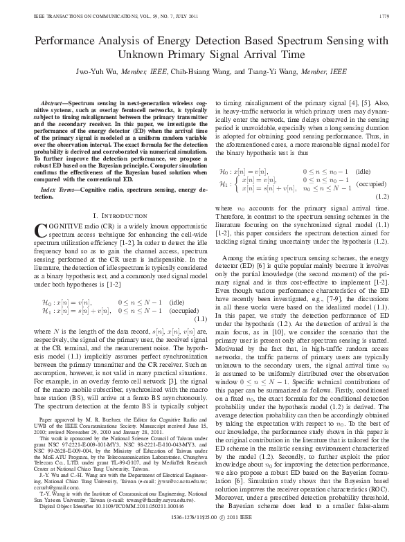 (PDF) Performance Analysis of Energy Detection Based Spectrum Sensing ...