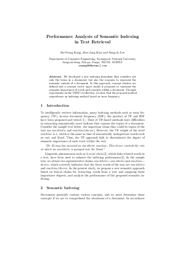 (PDF) Performance Analysis of Semantic Indexing in Text Retrieval