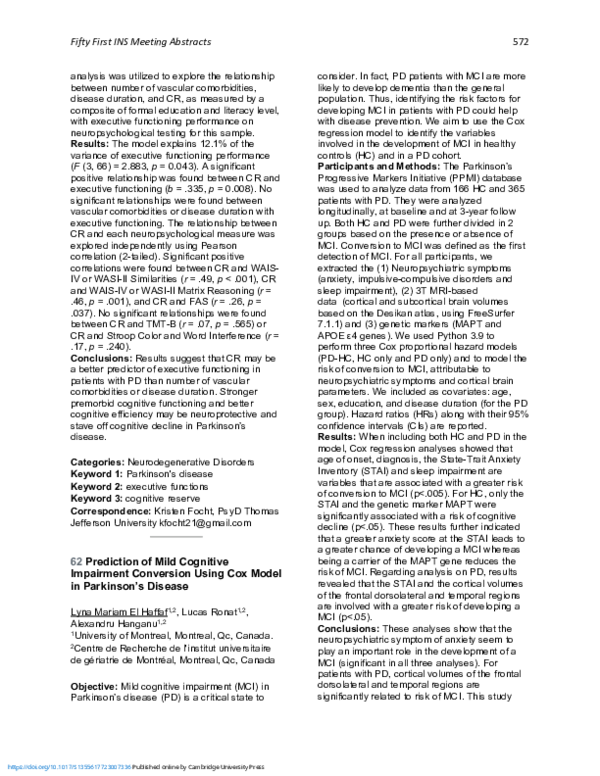 (PDF) 62 Prediction of Mild Cognitive Impairment Conversion Using Cox ...
