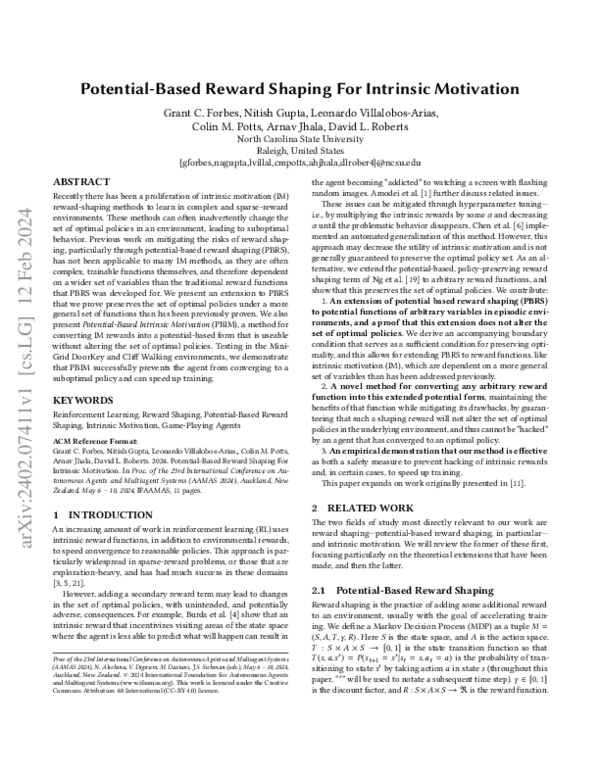 (PDF) Potential-Based Reward Shaping For Intrinsic Motivation