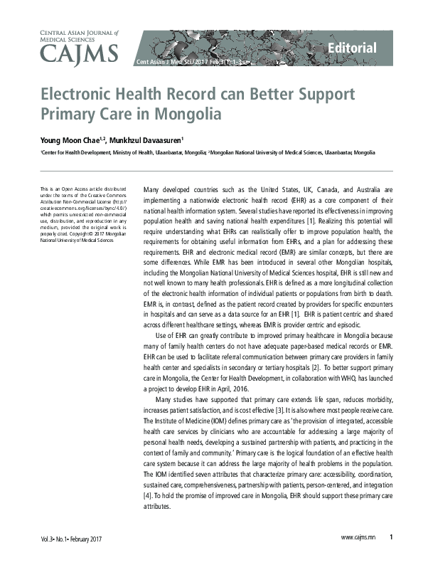 (PDF) Electronic Health Record can Better Support Primary Care in Mongolia