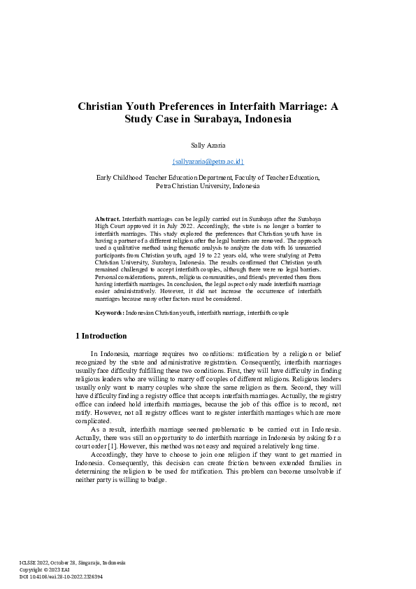 (PDF) Christian Youth Preferences in Interfaith Marriage: A Study Case ...