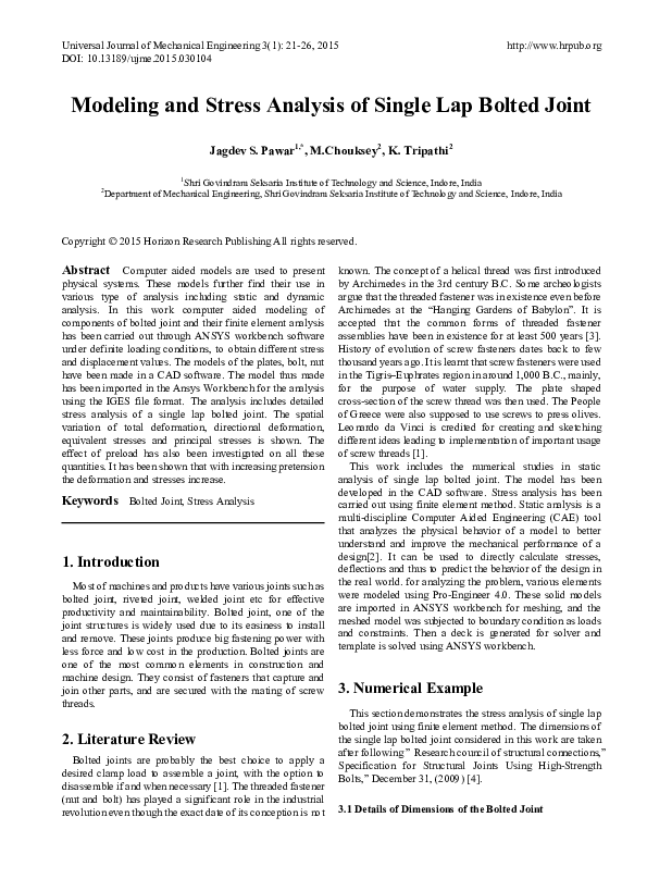 (PDF) Modeling and Stress Analysis of Single Lap Bolted Joint
