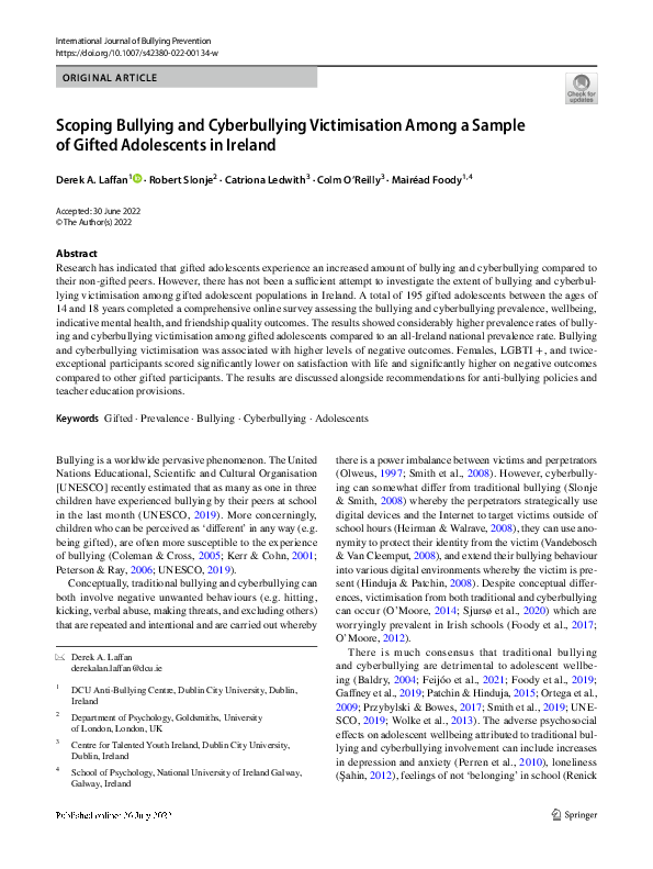 (PDF) Scoping Bullying and Cyberbullying Victimisation Among a Sample ...