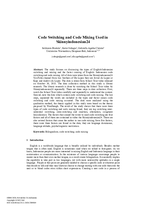 (PDF) Code Switching and Code Mixing Used in Skinnyindonesian24