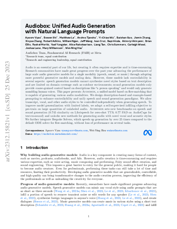 (PDF) Audiobox: Unified Audio Generation with Natural Language Prompts